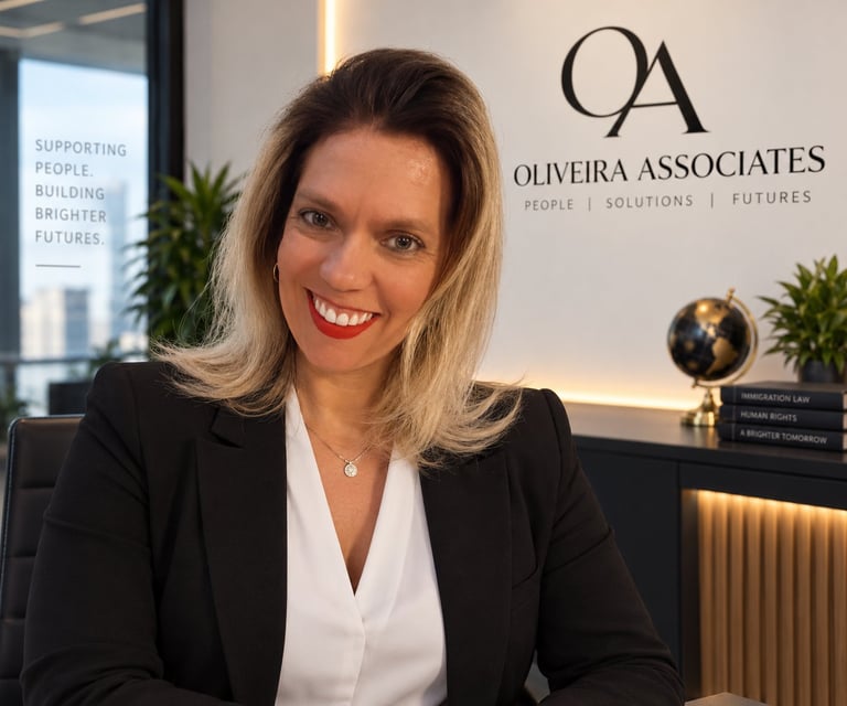 Professional woman in black blazer and white blouse smiling in modern office with Oliveira Associates branding