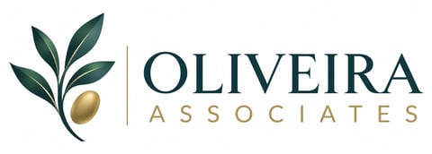 Oliveira Associates logo featuring an olive branch with leaves and fruit next to company name in navy and gold text