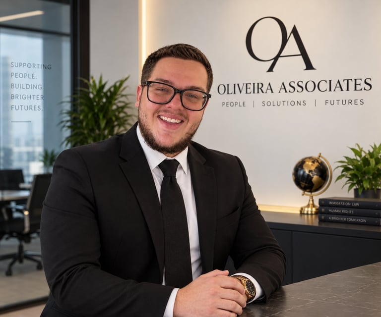 Marcelo Oliveira, Founder, Director and Immigration Advisor, wearing a black suit and smiling at a desk with Oliveira Associates branding and office plants in the background