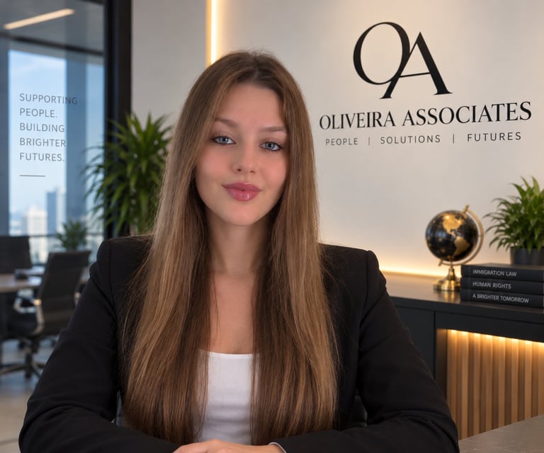 Professional woman in black blazer at Oliveira Associates office with company logo and motto visible behind her